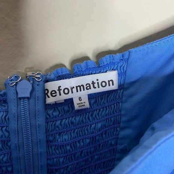 Reformation Michaela Cotton Mini Blue Dress Long Puff Sleeve Size 6 - Picture 11 of 11